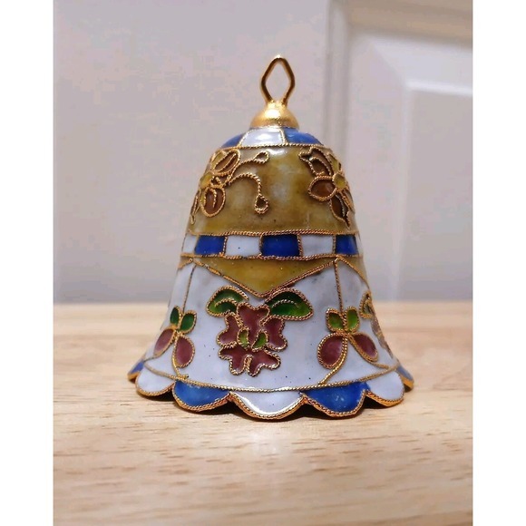 The Unbranded Brand Other - Vintage‎ Cloisonné Bell Christmas Ornament Flowers Yellow Blue White Pink Enamel